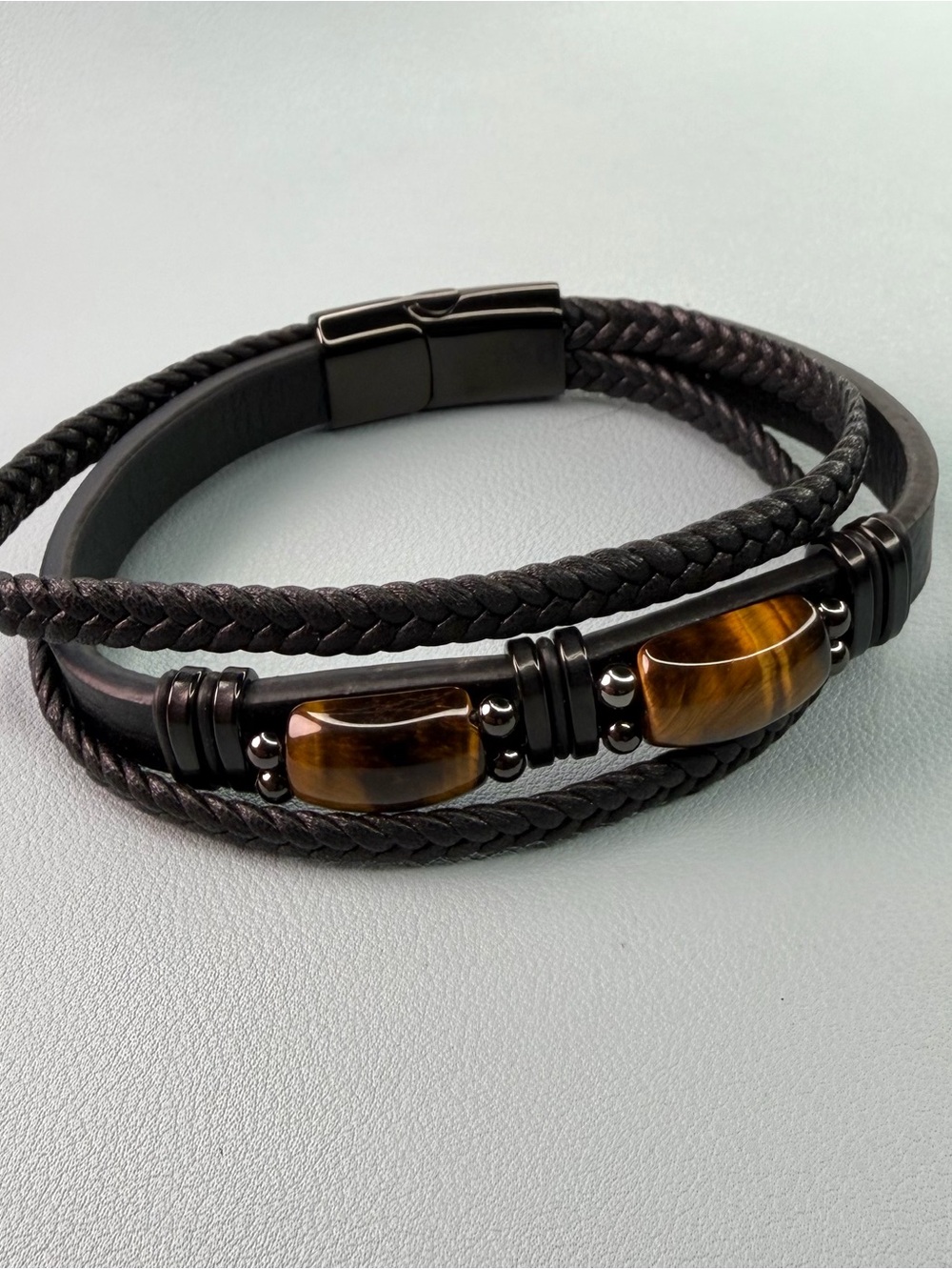Men's Black Leather Multi-Strand Bracelet with Tiger Eye Accents